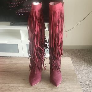 JustFab Burgundy Fringe Over the Knee Boots